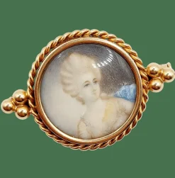 Broche victorienne or rose, miniature femme élégante