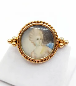 Broche victorienne or rose, miniature femme élégante