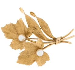Broche Vineyard feuille en or jaune avec perles