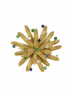 Broche vintage anémone or jaune diamants émeraudes saphirs