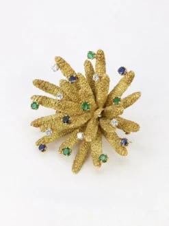 Broche vintage anémone or jaune diamants émeraudes saphirs