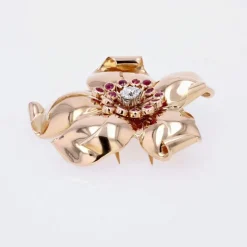 Broche vintage clip fleur diamants rubis