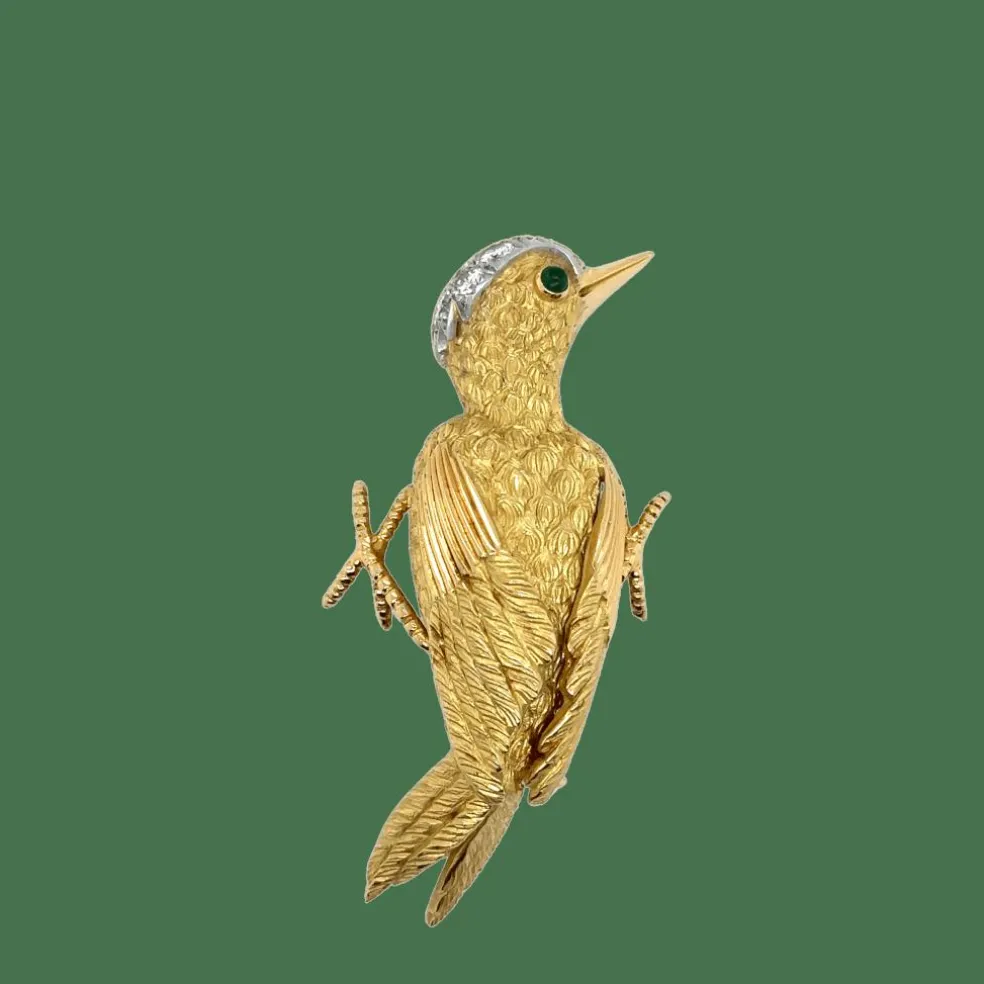 Broche vintage en or jaune Oiseau - émeraude et de diamants
