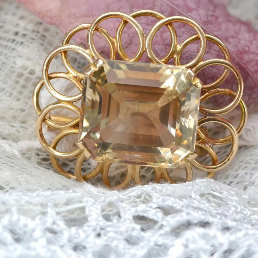 Broche vintage fleur d'or et citrine