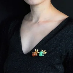 Broche vintage jade orange et or