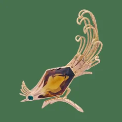 Broche vintage, "Oiseau de Paradis", or rose, citrine, émeraude.