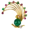 Broche vintage oiseau rubis émeraude chrysoprase et diamant