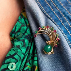 Broche vintage oiseau rubis émeraude chrysoprase et diamant