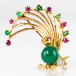 Broche vintage oiseau rubis émeraude chrysoprase et diamant