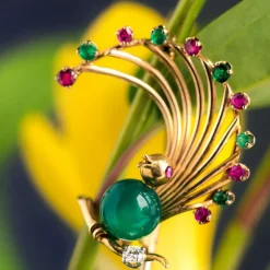 Broche vintage oiseau rubis émeraude chrysoprase et diamant