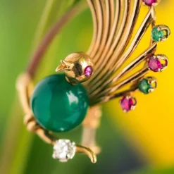 Broche vintage oiseau rubis émeraude chrysoprase et diamant
