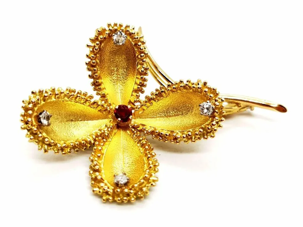 Broche Vintage Or jaune Rubis, Diamant