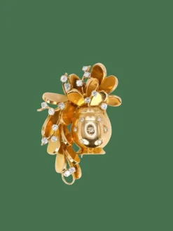 Broche vintage pot de fleurs or jaune platine diamants