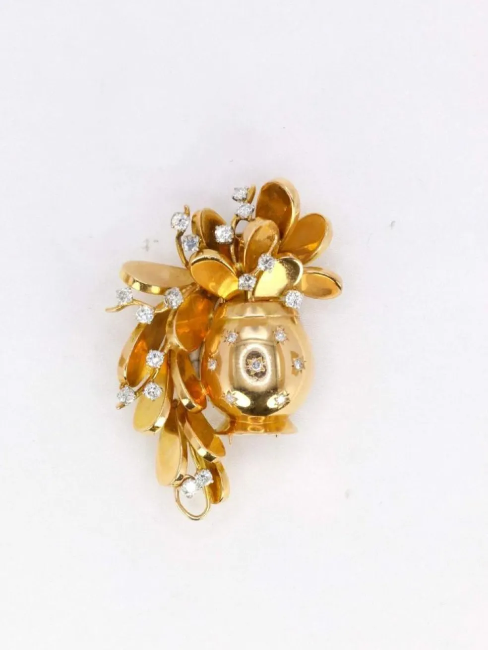 Broche vintage pot de fleurs or jaune platine diamants