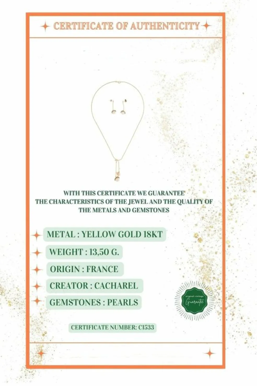 CACHAREL Parure Collier et Boucles d'Oreilles Or Jaune et Perles