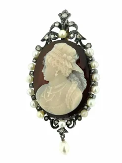 Camée victorienne or blanc argent perles et diamants