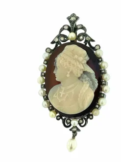 Camée victorienne or blanc argent perles et diamants