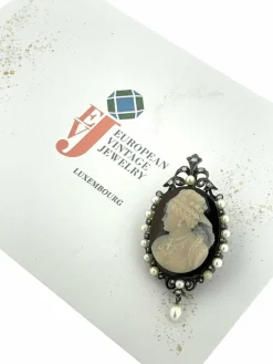 Camée victorienne or blanc argent perles et diamants