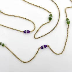 Chaîne de station victorienne en or 14 carats, améthyste, néphrite, jade et cristal de roche