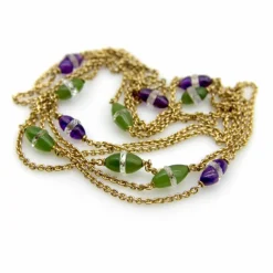 Chaîne de station victorienne en or 14 carats, améthyste, néphrite, jade et cristal de roche