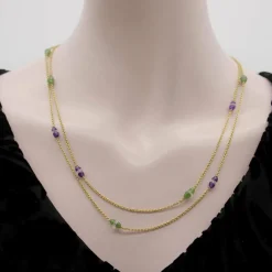 Chaîne de station victorienne en or 14 carats, améthyste, néphrite, jade et cristal de roche
