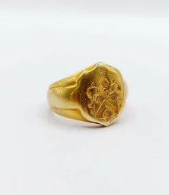 Chevalière antique or armoiries française blason aux fleurs et heaume