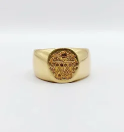 Chevalière antique or jaune armoiries française blason composé d'un heaume, de fleurs et d'un lion