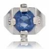 Chevalière Art Déco saphir de Ceylan naturel et diamants baguette