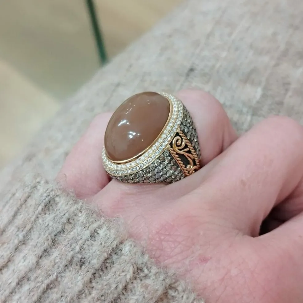 Chevalière or rose aventurine diamants