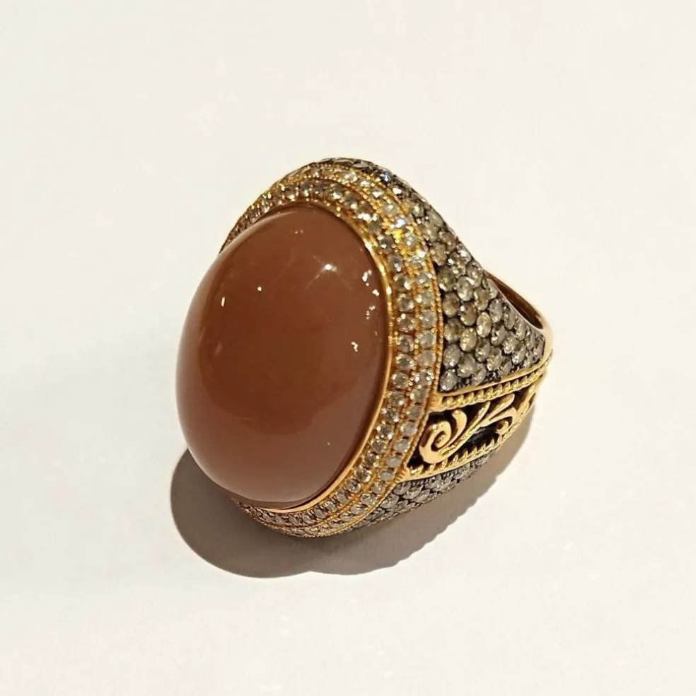 Chevalière or rose aventurine diamants