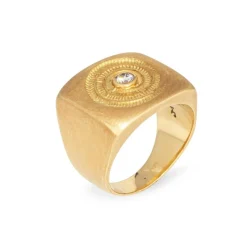 Chevalière vintage en diamant avec motif fossile carré en or jaune 18 carats