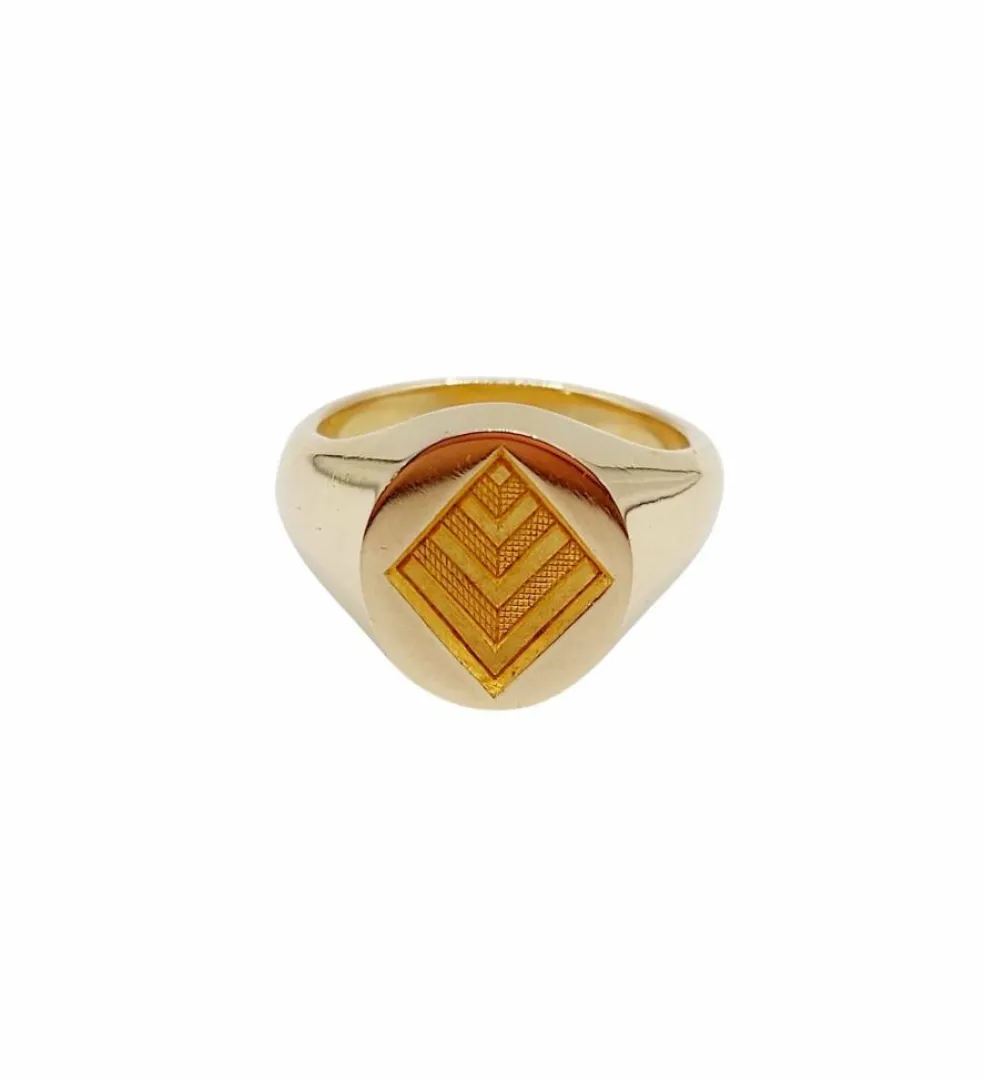 Chevalière vintage or jaune 18k armoiries française blason géométrique, sceau