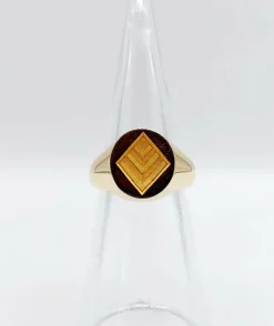 Chevalière vintage or jaune 18k armoiries française blason géométrique, sceau