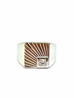 Chevalière vintage Soleil Levant , or blanc et diamant