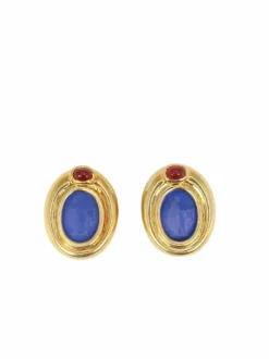 Clips d’oreilles en or, verre bleu, cornaline
