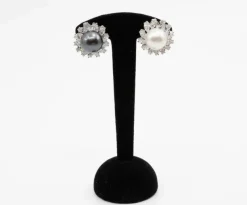 Clips d'oreilles perles de culture blanche et grises, diamants taille navette