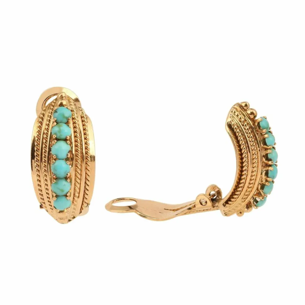 Clips d'oreilles vintage or rose, turquoises