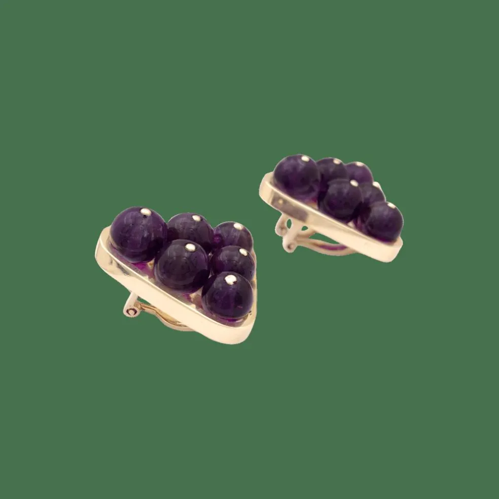 Clips d'oreilles vintage or jaune, améthyste.
