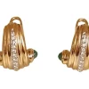CLIPS OR JAUNE - 1 LIGNE DE DIAMANTS et 2 CABOCHONS d'EMERAUDES
