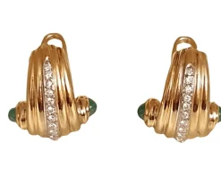 CLIPS OR JAUNE - 1 LIGNE DE DIAMANTS et 2 CABOCHONS d'EMERAUDES