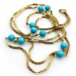 Collier 36 stations en perles turquoise dorées