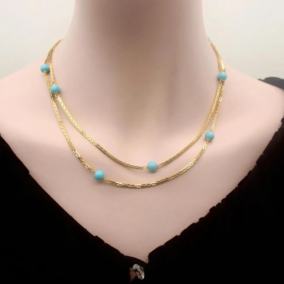 Collier 36 stations en perles turquoise dorées