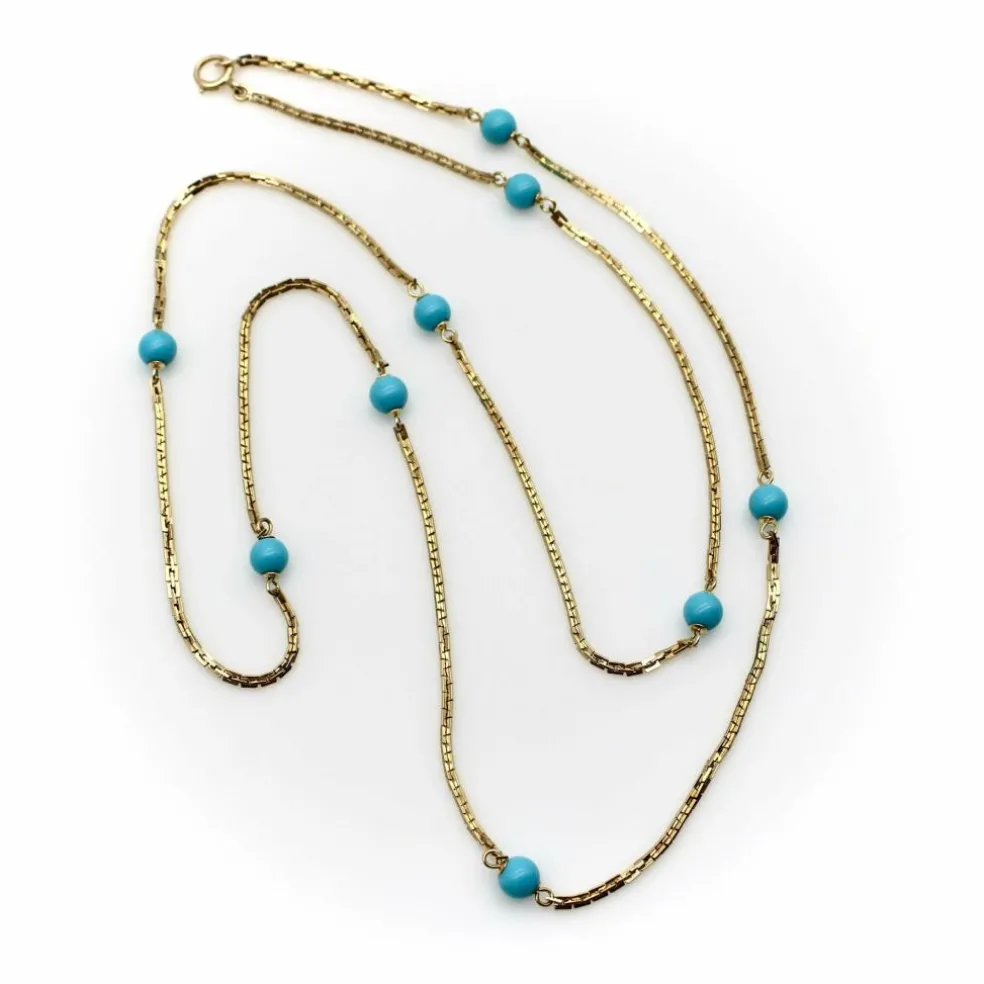 Collier 36 stations en perles turquoise dorées