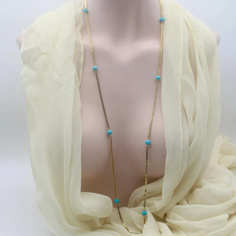 Collier 36 stations en perles turquoise dorées