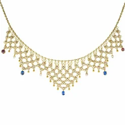 Collier ancien draperie or saphirs rubis et perles