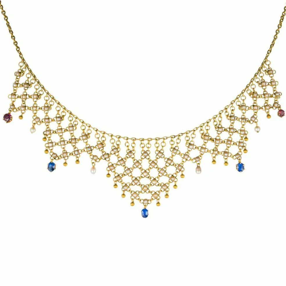Collier ancien draperie or saphirs rubis et perles