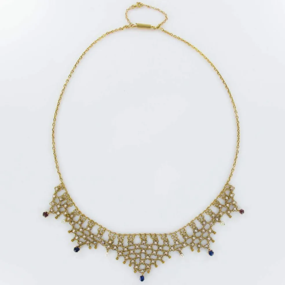 Collier ancien draperie or saphirs rubis et perles