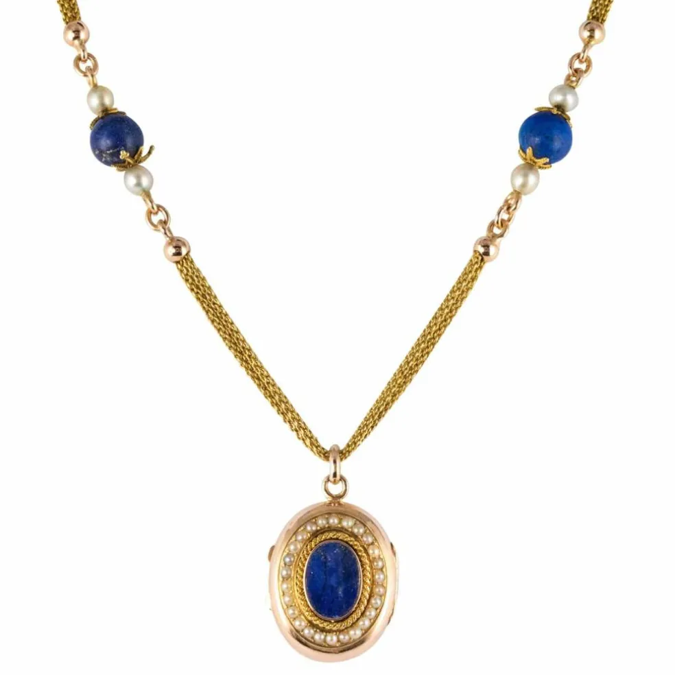 Collier ancien et son médaillon lapis lazuli et perles fines