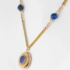 Collier ancien et son médaillon lapis lazuli et perles fines