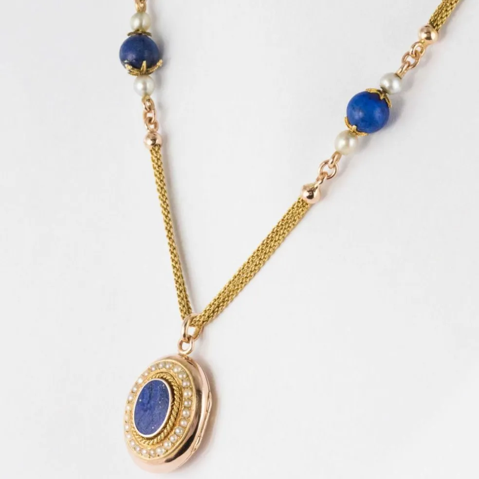 Collier ancien et son médaillon lapis lazuli et perles fines